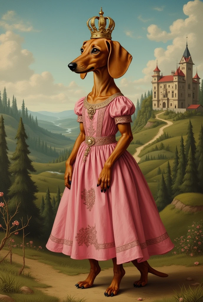 A medieval painting of a brown dachshund in a pink dress with a crown in a human body 
