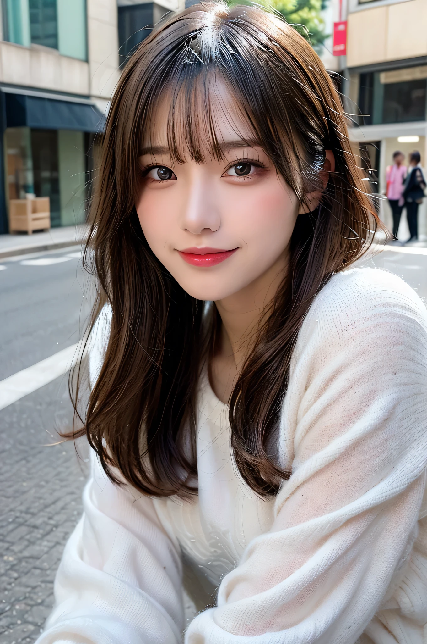 tabletop, best qualityer, illustration, ultra detali, fine-details, high resolution, 8 k wallpaper, perfect dynamic composition, beautiful detailed eyes, doress,medium hair, Natural color lips, Random and sexy poses,ssmile,Walk along Aoyama Street、20 years old young girl