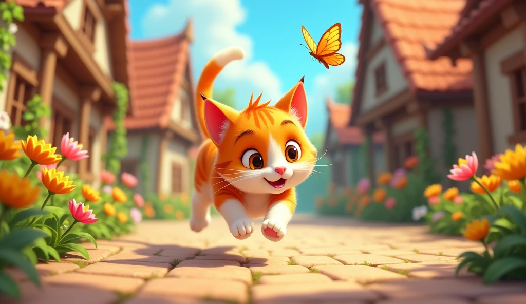Create an image of a curious orange and white cat named Whiskers chasing a colorful butterfly through a lively village setting. Whiskers should be depicted in mid-chase, with a playful and focused expression, as he leaps or runs after the butterfly. The butterfly should be just ahead, fluttering gracefully, with vibrant wings that catch the light. The background should include elements of the village, such as cozy houses, cobblestone paths, and blooming flowers, with warm, sunny colors that enhance the cheerful and adventurous mood of the scene.