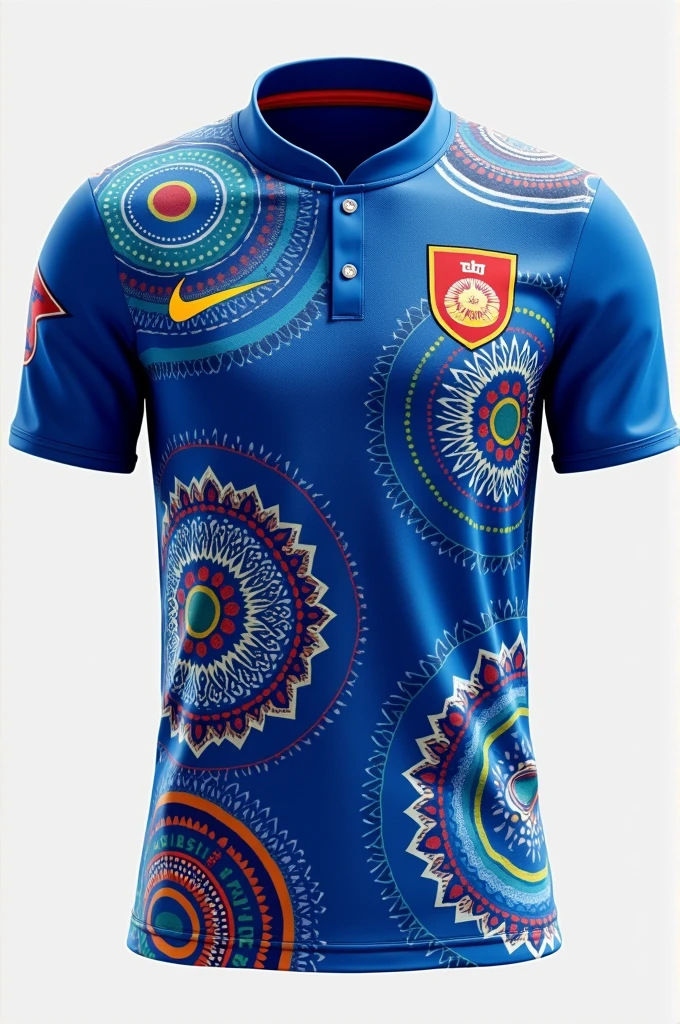 Create a jersey design, blue as primary color, with touch of nepali cultures, both sides, only jersey with no extra logo, numbers, named