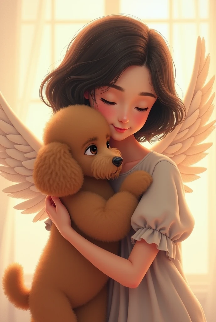 Adult white woman with short black hair hugging her little dog with angel wings, brown poodle breed.