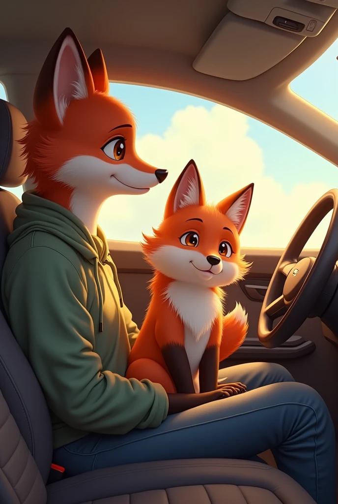 Male child fox sits in the back of the car and dad fox drives the car and mom fox sits next to it. Are on the journey, complete car seen from the outside from the side, without background