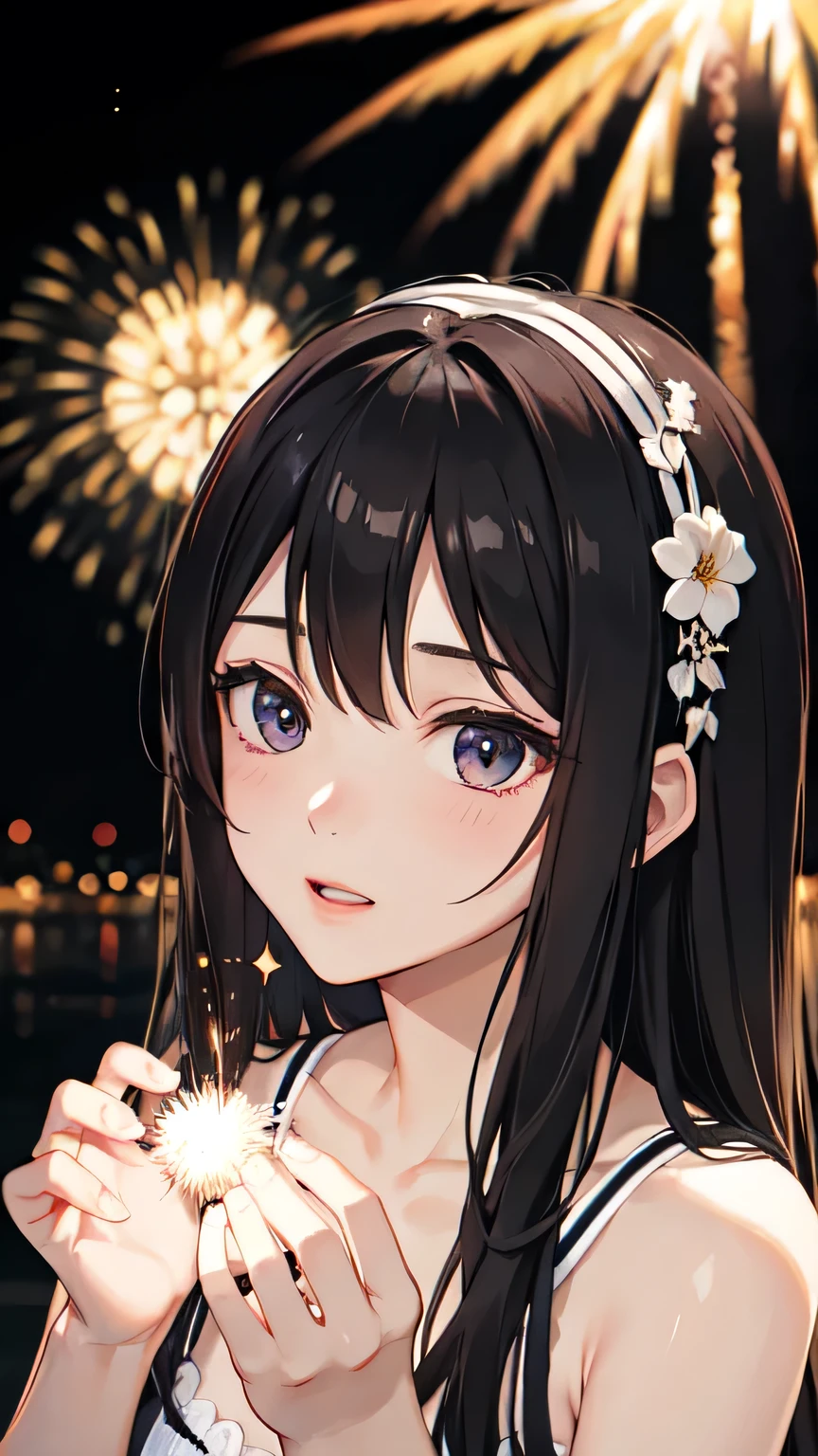 ((Highest quality)), ((masterpiece)), (detailed), one person, Almond Eye,night,My heart dances to the sound of fireworks, your smile shines on this night, This moment seems to last forever, With you I can go anywhere, **The fireworks light up the sky, our hearts beat as one** , **With you, I feel like I can reach the stars**,Close up of face