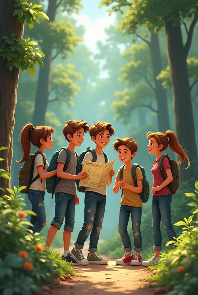 Make a group of teenage friends with 3 tall boys and 2 tall girls and one of the boys holding a map

