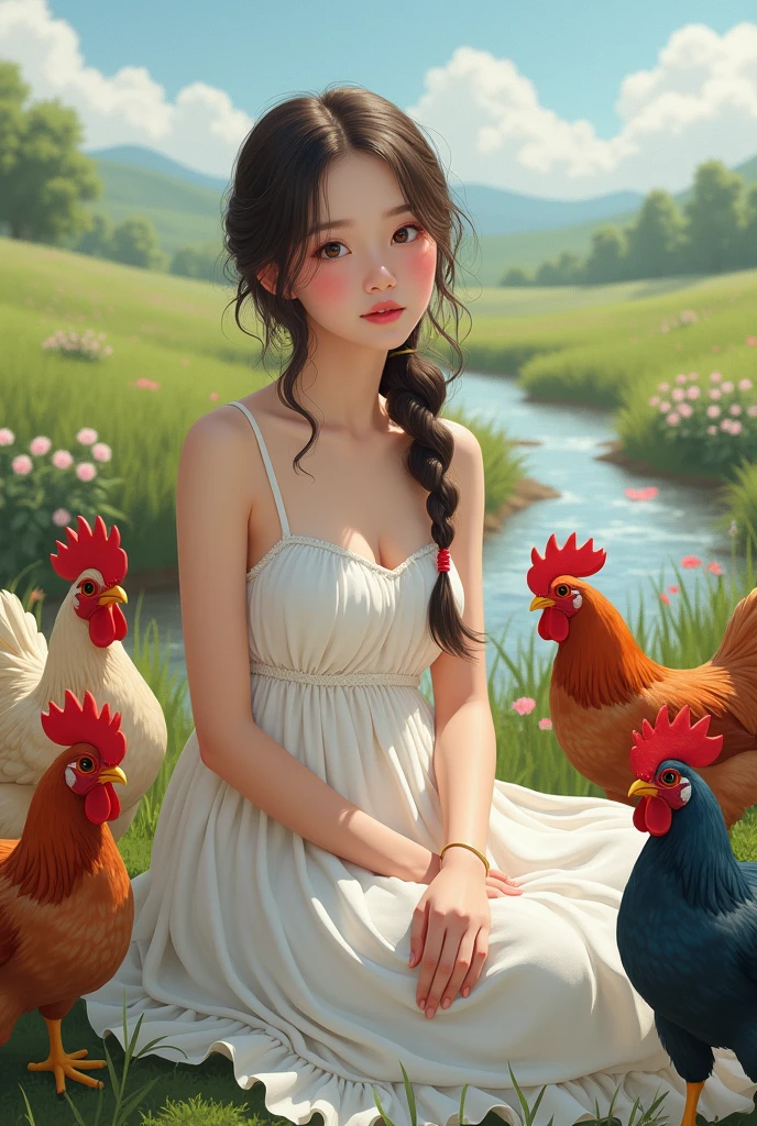 a  in a white dress and a red ribbon in her hair sitting among several colorful chickens near a stream