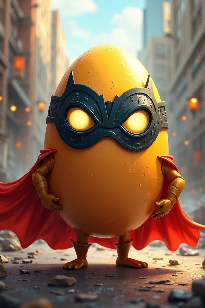 A superhero egg with a mask and cape