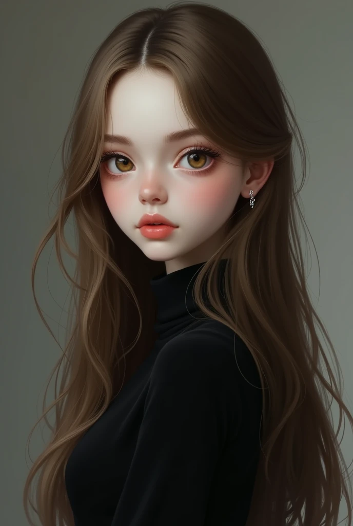 A white girl with light brown hair, thin eyebrows, big eyes long eyelashes, round and small face, split to the side,  dressed in black, Long straight hair