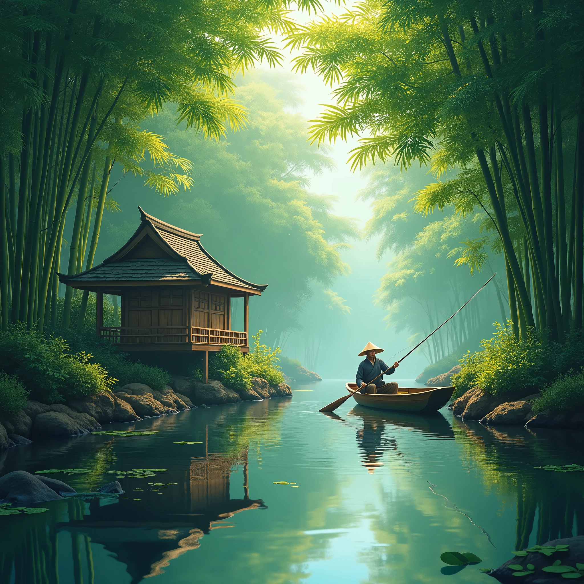 a lush bamboo forest, a tranquil stream running through, a rustic bamboo hut, a fisherman in a small boat, (best quality,4k,8k,highres,masterpiece:1.2),ultra-detailed,(realistic,photorealistic,photo-realistic:1.37),vibrant colors,natural lighting,serene atmosphere,stunning landscape,detailed foliage,reflections in water,traditional asian architecture,weathered bamboo textures,skilled fisherman pose