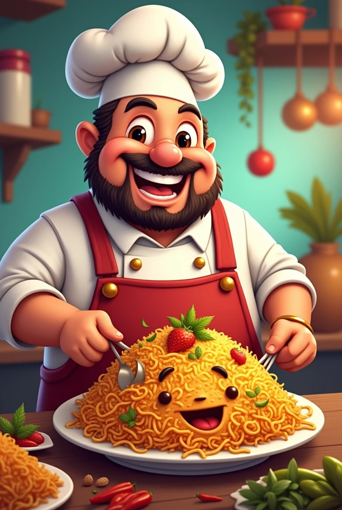 Generate a smart mardabaadi biryani chef ( cartoon theme ) showing biryani with smile .