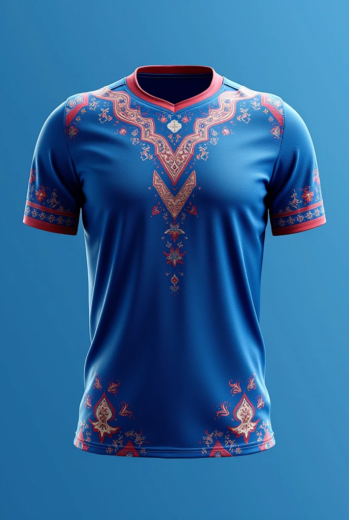 Create a jersey design, blue as primary color, with touch of nepali cultures, both sides, only jersey with no extra logo, numbers, names, no button, no collar