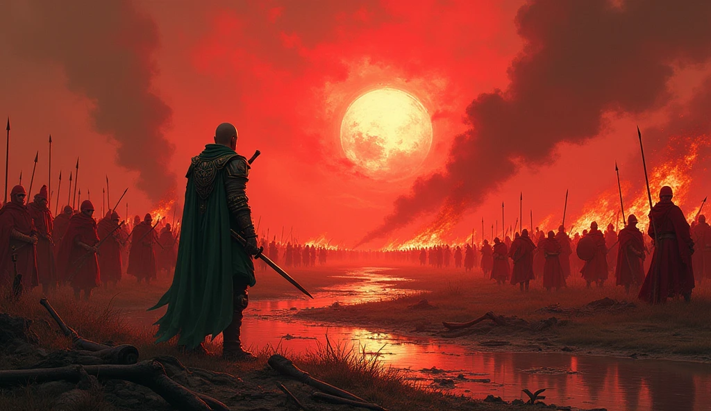 A men which are weared green + black battle suit and he fight with many red suit army near a small river, Sun set, blood sky, burning tent, a bloody ground, javelin, sword, Arrow everywhere on ground, Arrows from sky, fire woods,
