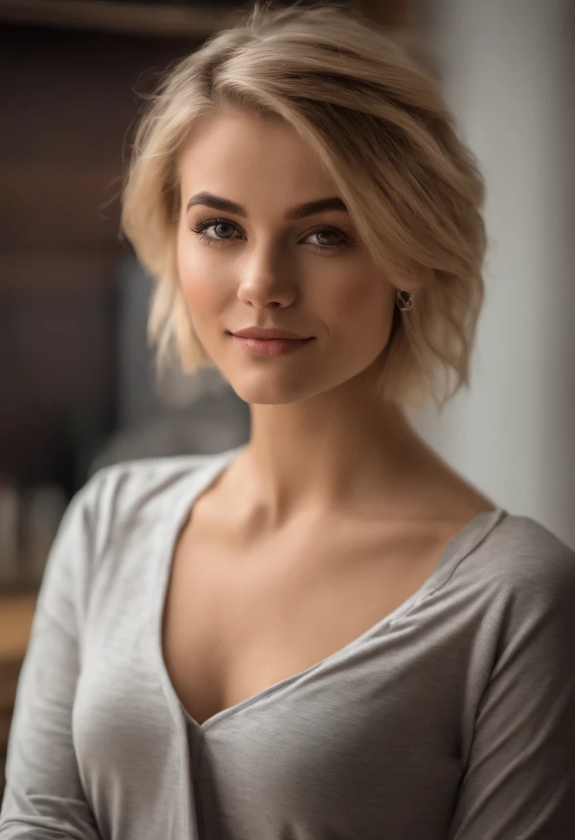 Sexy young girl over 18 with brown eyes, sporty and sexy, ultra realistic, Meticulously detailed, blonde short hair, selfie of a young woman, in the office, looking straight into camera, Face with freckles not perfect, subtle make-up, Stunning full body shot, medium to large bust size