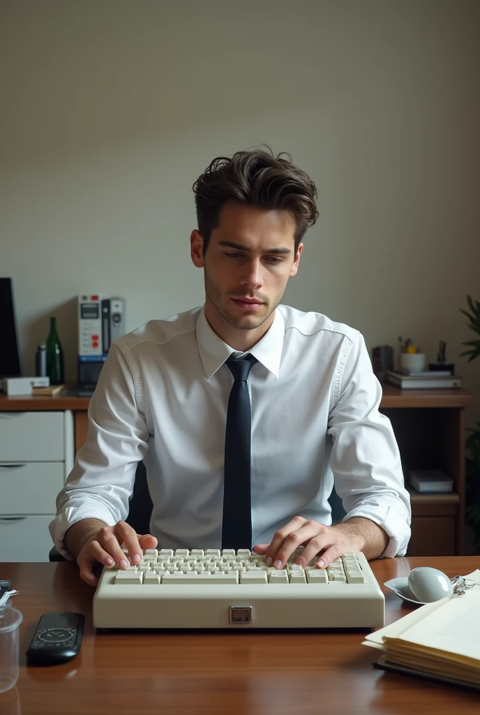 A 20 years old stenographer in his office with his material