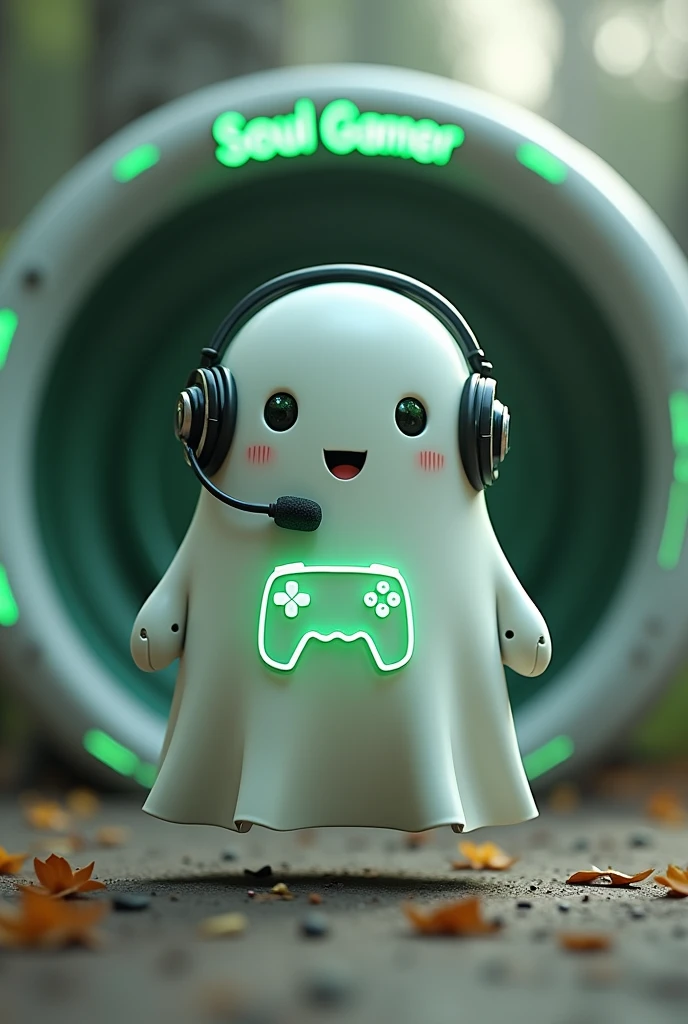 Create a medium-sized robot pet with a ghost-like appearance. With slightly rounded shapes resembling a drop. On your hands you have well defined fingers. His facial expression has large, green eyes with a glow, conveying a friendly and cheerful expression. He has a small open mouth with a happy smile and flushed cheeks.. Its body is white with small green details and a smooth, slightly shiny texture.. He has a headset on his head with an adjustable microphone positioned close to his mouth.. And on his chest you can see the illuminated shape of a Playstation 5 controller in fluorescent green.. It floats in the air, as if he were ready for an adventure. Behind the character you can see a portal and on it is written "Soul Gamer"