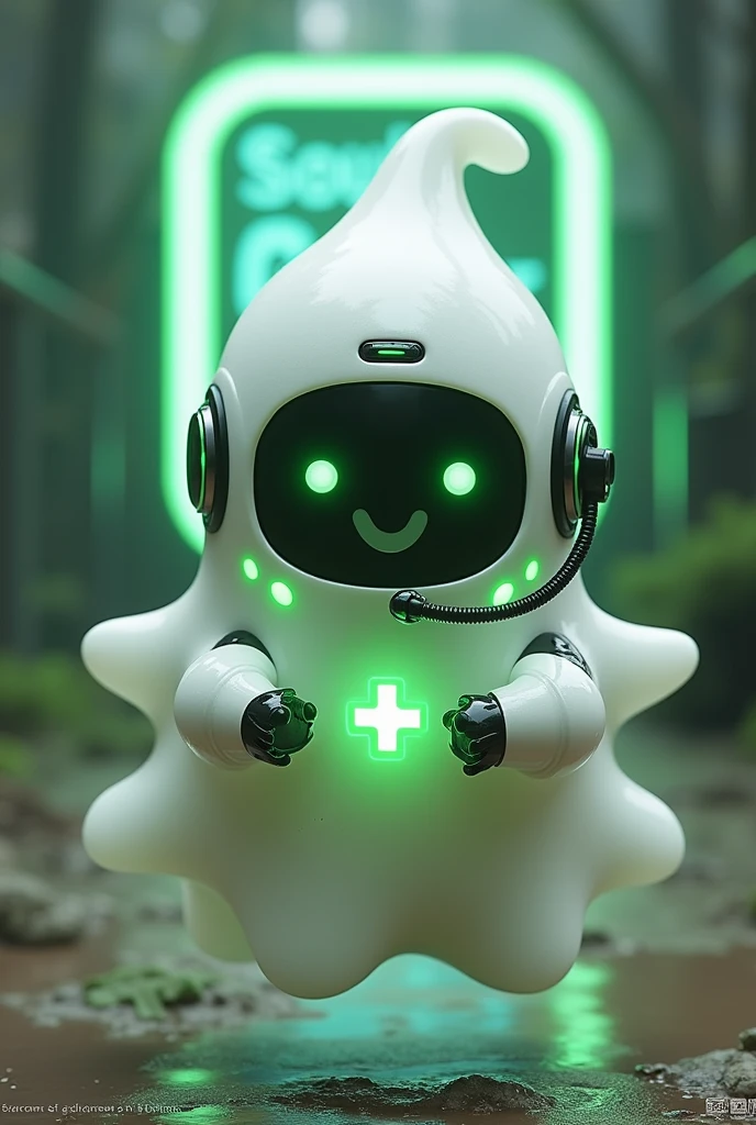 Create a medium-sized robot pet with a ghost-like appearance. With slightly rounded shapes resembling a drop. On your hands you have well defined fingers. His facial expression has large, green eyes with a glow, conveying a friendly and cheerful expression. He has a small open mouth with a happy smile and flushed cheeks.. Its body is white with small green details and a smooth, slightly shiny texture.. He has a headset on his head with an adjustable microphone positioned close to his mouth.. And on his chest you can see the illuminated shape of a Playstation 5 controller in fluorescent green.. It floats in the air, as if he were ready for an adventure. Behind the character you can see a portal and on it is written "Soul Gamer"
