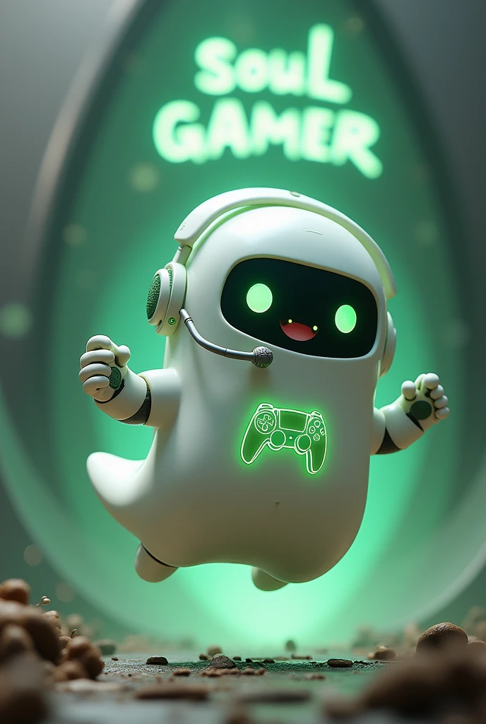 Create a medium-sized robot pet with a ghost-like appearance. With slightly rounded shapes resembling a drop. On your hands you have well defined fingers. His facial expression has large, green eyes with a glow, conveying a friendly and cheerful expression. He has a small open mouth with a happy smile and flushed cheeks.. Its body is white with small green details and a smooth, slightly shiny texture.. He has a headset on his head with an adjustable microphone positioned close to his mouth.. And on his chest you can see the illuminated shape of a Playstation 5 controller in fluorescent green.. It floats in the air, as if he were ready for an adventure. Behind the character you can see a portal and on it is written "Soul Gamer"