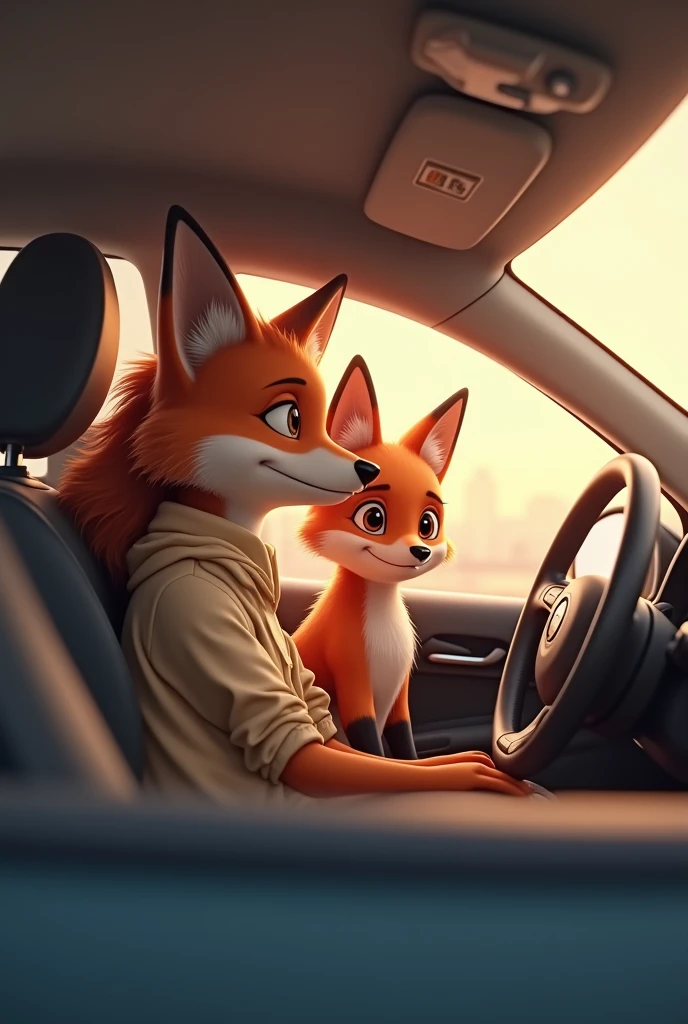 Male child fox sits in the back of the car and dad fox drives the car and mom fox sits next to it. Are on the journey, complete car seen from the outside from the side, without background