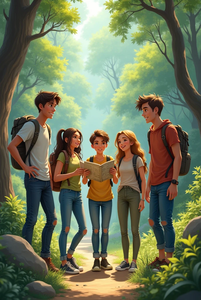 Make a group of teenage friends with 3 tall boys and 2 tall girls and one of the boys holding a map