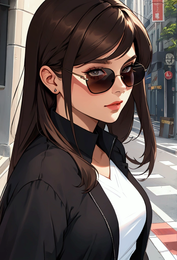 Create young woman with dark brown hair, to wear black sunglasses