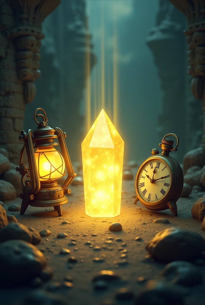 A dark background with a slight glow that imitates the light of an ancient temple.
Main elements:
Crystal of Dawn: Bright and in the center of the cover, with rays of light emanating from it.
Lumi the Lantern: On the left, illuminating the glass with its light, showing their excitement and determination.
Tick the Pocket Watch: On the right, with an expression of warning or concentration, perhaps with its second hand moving.
Edge el Clip: In the lower right corner, trying to grab the glass, with an expression of greed or determination.