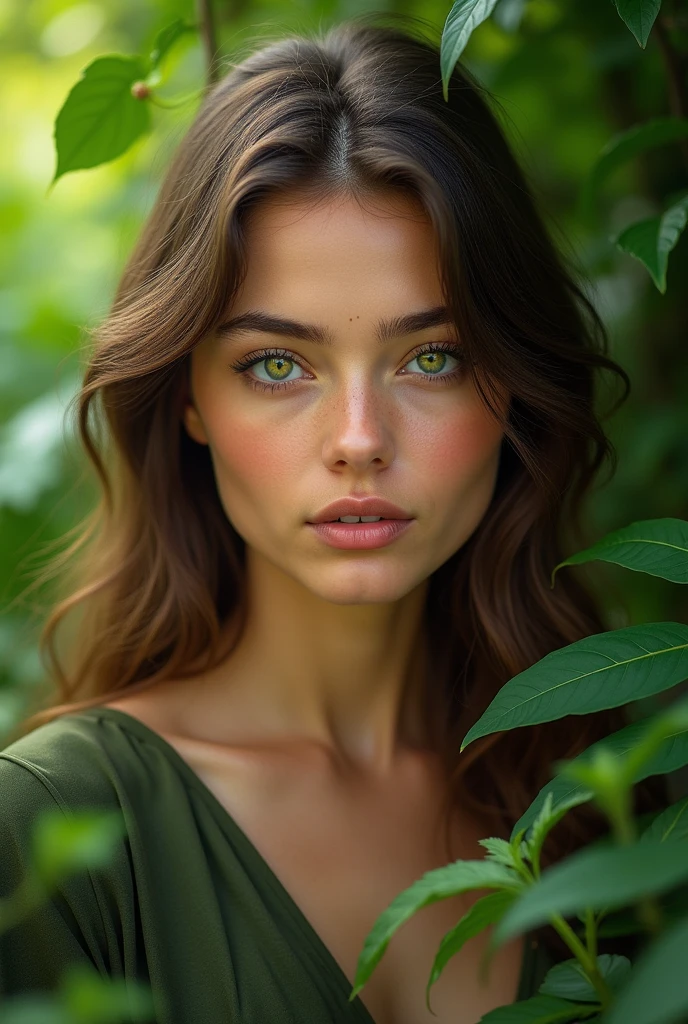 young brunette woman, of large natural resources, green eyes