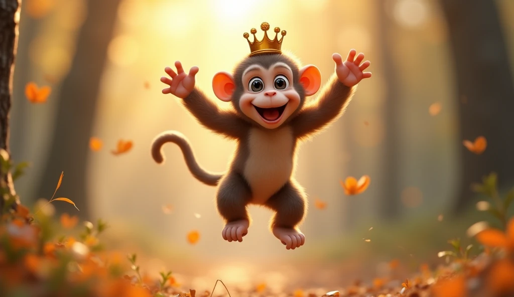 small and charming monkey, with a crown on his head, Jumping for joy