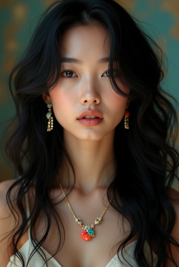 (masterpiece, realistic, best quality, ultra detailed), intricate, professional photography, HDR, High Dynamic Range, (8k UHD), RAW photo, dslr, realistic LUT, cinematic LUT, perfect lighting, professional lighting, cinematic lighting, cinematic shadows, iridescent lighting, Stunning, (1girl:1.2), cute, extreme detailed, (black_hair:1.1), colorful,highest detailed, facing_viewer, lightning, ewelry:1.4, , random color, long curly wave hair, full_body,