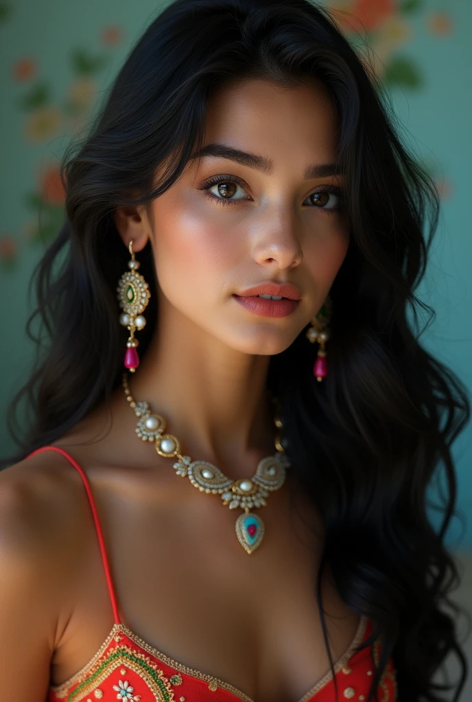 (masterpiece, realistic, best quality, ultra detailed), intricate, professional photography, HDR, High Dynamic Range, (8k UHD), RAW photo, dslr, realistic LUT, cinematic LUT, perfect lighting, professional lighting, cinematic lighting, cinematic shadows, iridescent lighting, Stunning, (1girl:1.2), cute, extreme detailed, (black_hair:1.1), colorful,highest detailed, facing_viewer, lightning, ewelry:1.4, , random color, long curly wave hair, full_body,