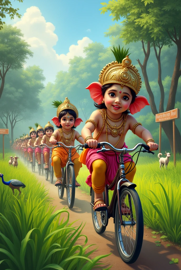 Little cute krishna ,little lord ganapati is riding with cycles in a middle of a green rice field. There is more little blue krishnas and little radhas following them. Village name KULATHOOR DEVI TEMPLE is wrote on the road sign board . There is some peacocks and baby cows are in the background. 