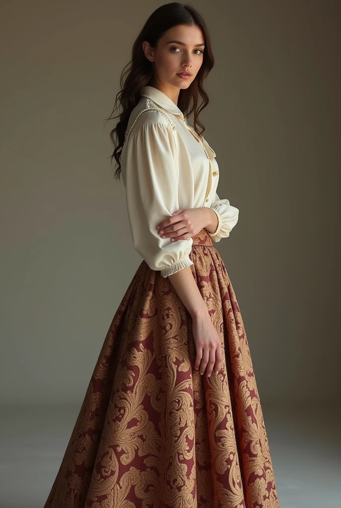 European woman model wearing a skirt and blouse set in the same fabric in baroque relief. thick fabric.