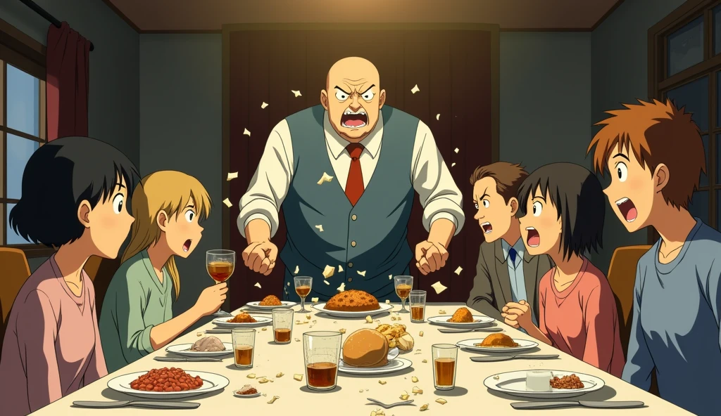 Create a tense and dramatic Studio Ghibli-style scene at a dinner table. One of the husbands, filled with rage, is standing and smashing plates and glasses on the table, his face contorted in anger. The other family members, including the sisters, parents, and spouses, react with shock and fear, their expressions showing the escalating conflict. Broken dishes and shattered glass scatter across the table, with food and drinks spilled. The lighting is more intense, emphasizing the chaotic and emotional atmosphere, while the background still features the warm, cozy dining room, now disrupted by the violent outburst
