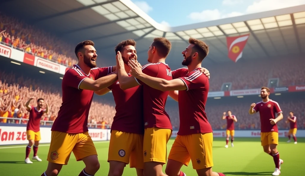 create an image of several players celebrating a victory in a small stadium, they were all dressed in burgundy shirts with white stripes and yellow shorts and the fans too