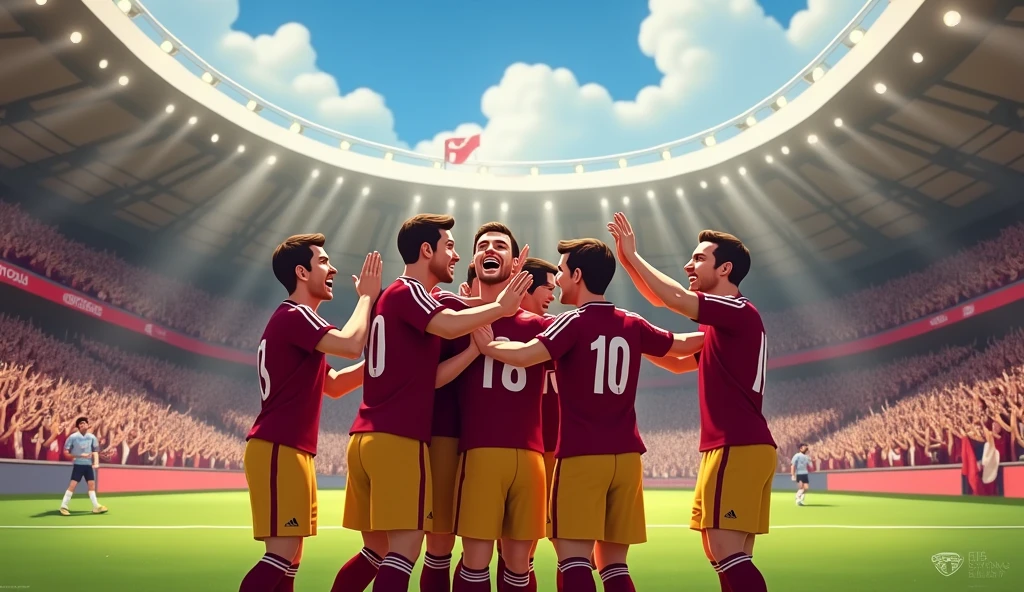 create an image of several players celebrating a victory in a small stadium, they were all dressed in burgundy shirts with white stripes and yellow shorts and the fans too