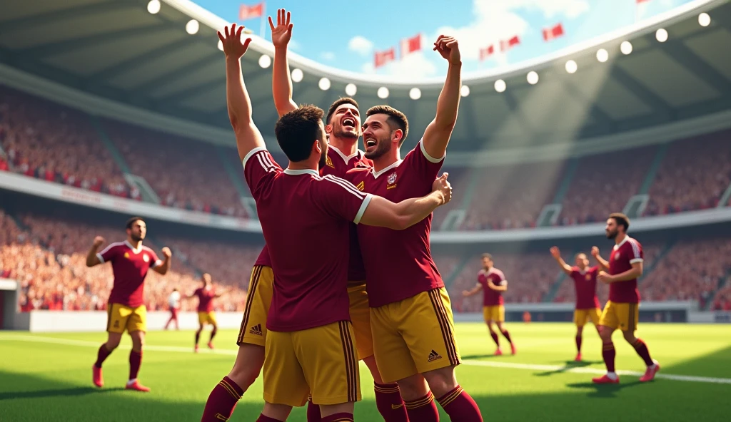 create an image of several players celebrating a victory in a small stadium, they were all dressed in burgundy shirts with white stripes and yellow shorts and the fans too