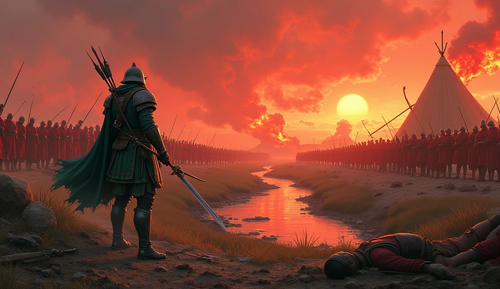 A men which are weared green + black battle suit and he fight with many red suit army near a small river, Sun set, blood sky, burning tent, a bloody ground, javelin, sword, Arrow everywhere on ground, Arrows from sky, fire woods, bloody horse