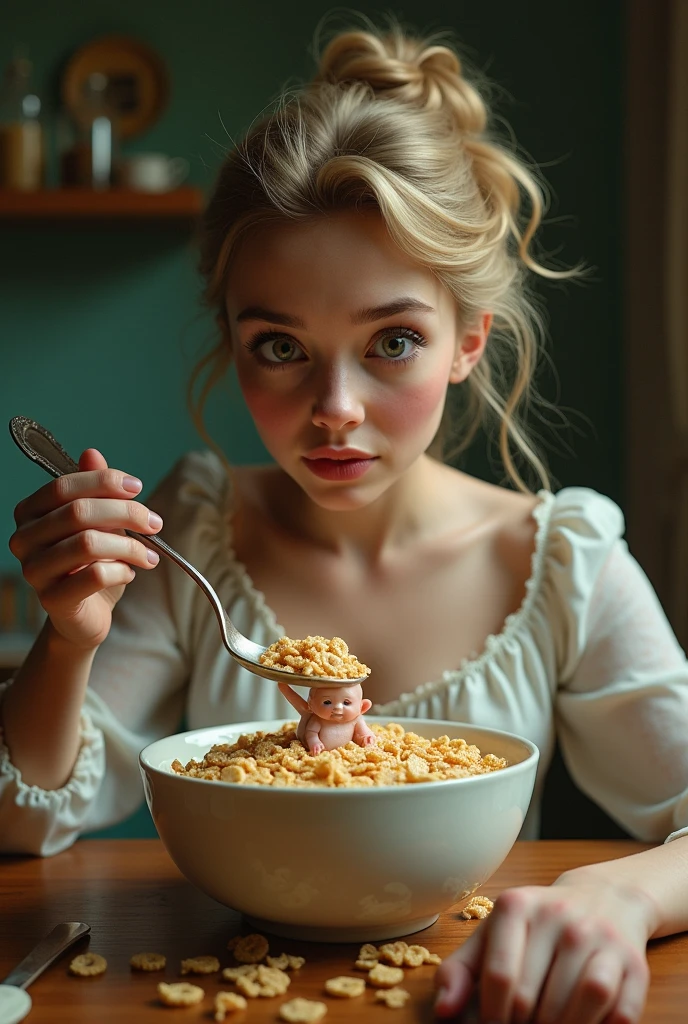 A picture of a giantess eating a bowl of cereal without knowing that a  man is in the bowl