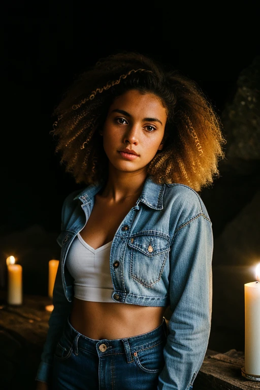 photograph of a woman, (troubled facial expression), textured skin, goosebumps, blonde afro hair, plaid flannel shirt with distressed boyfriend jeans, cowboy shot, dark and mysterious cave with unique rock formations and hidden wonders, perfect eyes, (candlelight,chiaroscuro), Porta 160 color, shot on ARRI ALEXA 65, bokeh, sharp focus on subject, shot by Don McCullin