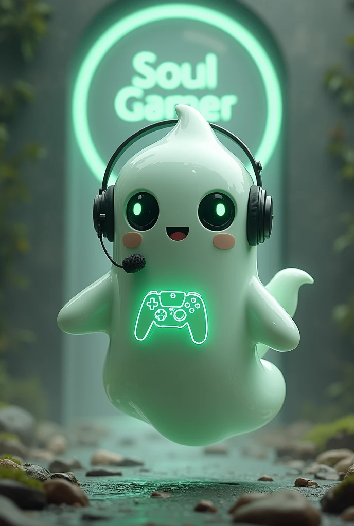 Create a medium-sized robot pet with a ghost-like appearance. With slightly rounded shapes resembling a drop. On your hands you have well defined fingers. His facial expression has large, green eyes with a glow, conveying a friendly and cheerful expression. He has a small open mouth with a happy smile and flushed cheeks.. Its body is white with small green details and a smooth, slightly shiny texture.. He has a headset on his head with an adjustable microphone positioned close to his mouth.. And on his chest you can see the illuminated shape of a Playstation 5 controller in fluorescent green.. It floats in the air, as if he were ready for an adventure. Behind the character you can see a portal and on it is written "Soul Gamer"