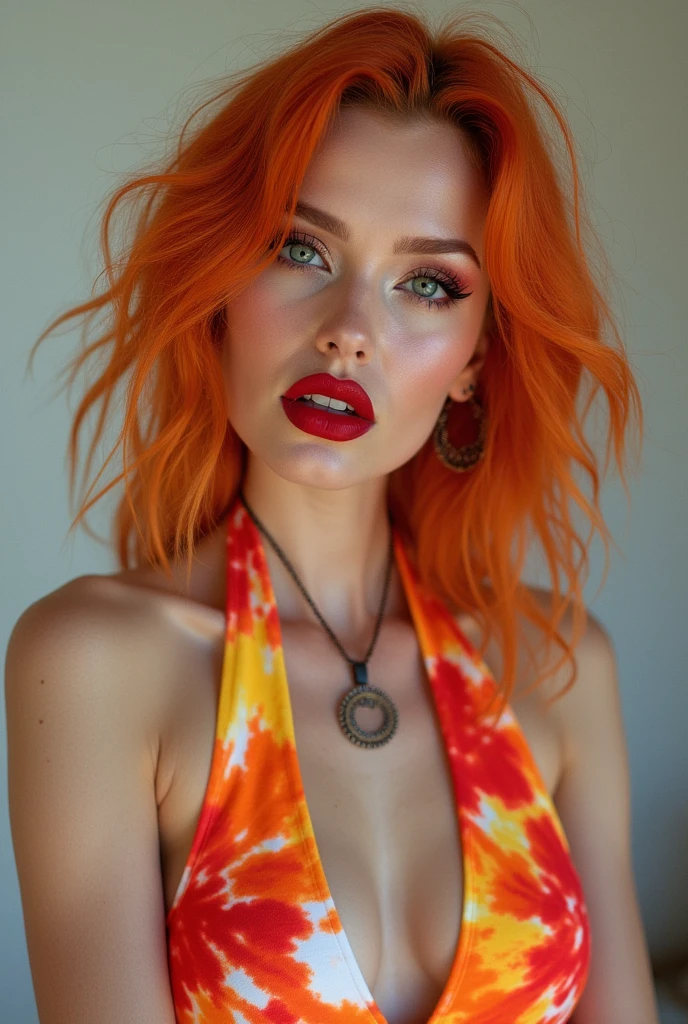 Halter Neck Bodycon Dress with Tie-Dye Print russian women big fake lips storng chickbone storng joyline red lipstick  orange hair big fake lips red lipstick 