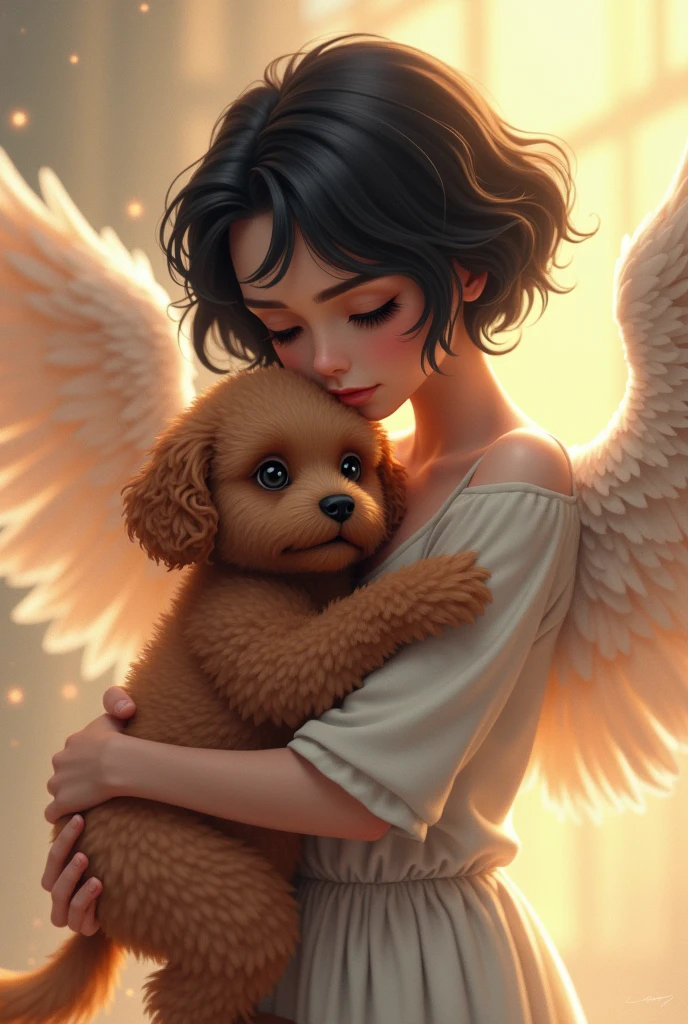 Adult woman with white skin and short black hair hugging her little dog with angel wings, brown poodle breed.