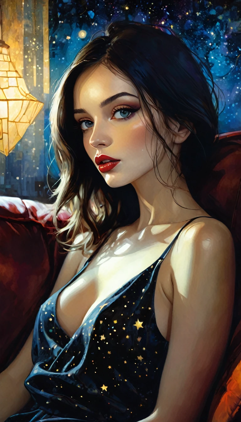 1man loves 1girl, love, a man and a sexy girl, sexy dress, on the sofa in a living room looking at a magical night with stars, loving (best quality, 4k, 8k, high resolution, masterpiece: 1.2), ultra-detailed, (realistic, photorealistic, photorealistic: 1.37), intricate details, vivid colors, sharp focus, professional, artwork by Dave McKean, surreal oil touch, oil painting style, portrait, woman, beautiful detailed eyes, beautiful detailed lips, atmosphere of dreamy, shadow play, soft lighting, fun pose, dark tones, ethereal background, fantasy elements, texture, layered composition. art inspired by Bill Sienkiewicz and Dave McKean