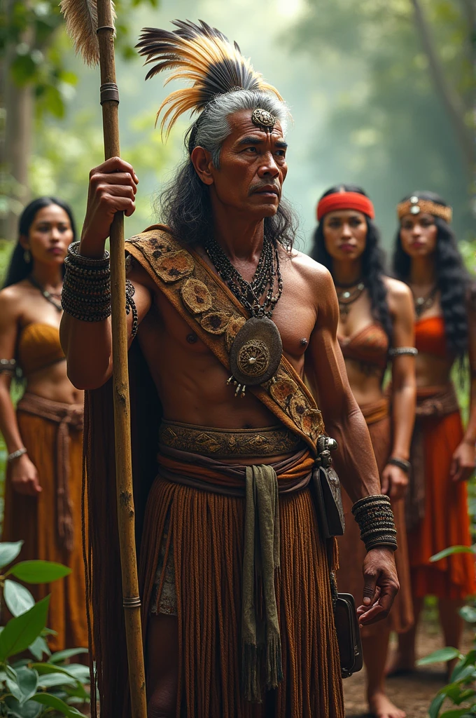 Create an image of an indigenous chief, 40 years old, high, thin and strong, dark brown skin, short hair with some gray, that he is wearing a feather crown and has a spear in his hand, that appears in front of and next to him 6 beautiful indigenous women from various countries