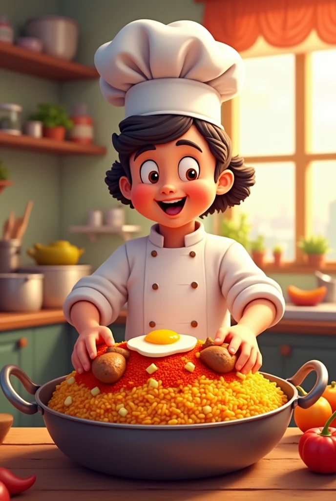 Generate a smart mardabaadi biryani chef ( cartoon theme ) showing biryani with smile .
Biryani should look authentic and real and delicious. 
Biryani colour should be red topped rice and ad chicken legs and egg 
