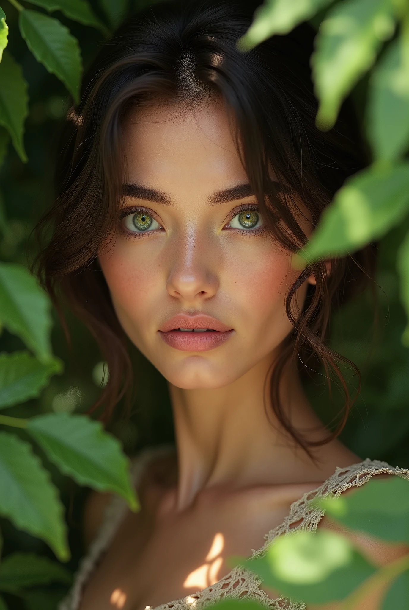 young brunette woman, of large natural resources, green eyes