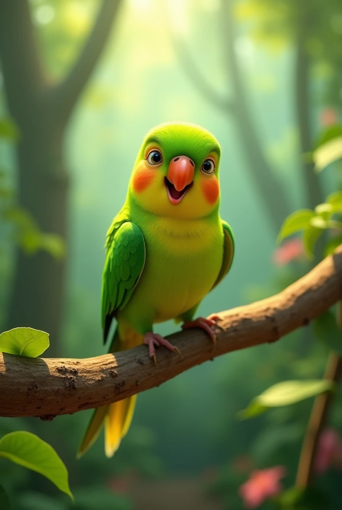 Pixar-style 3D animation, Little green bird of the species Psittacula krameri
