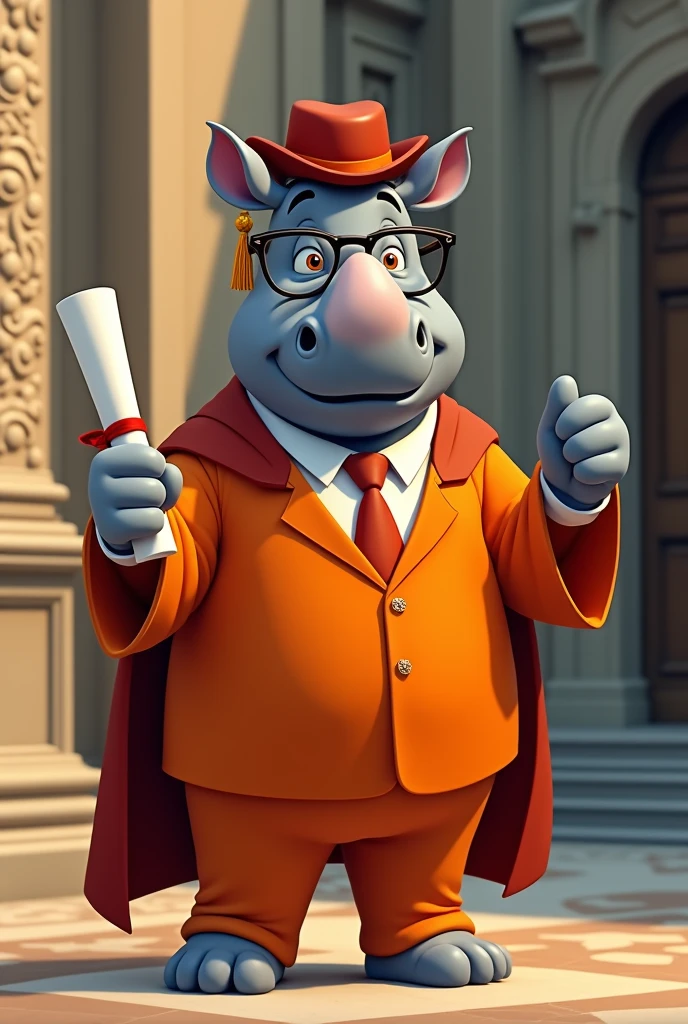 Disney style rhino graduate with orange suit and glasses
