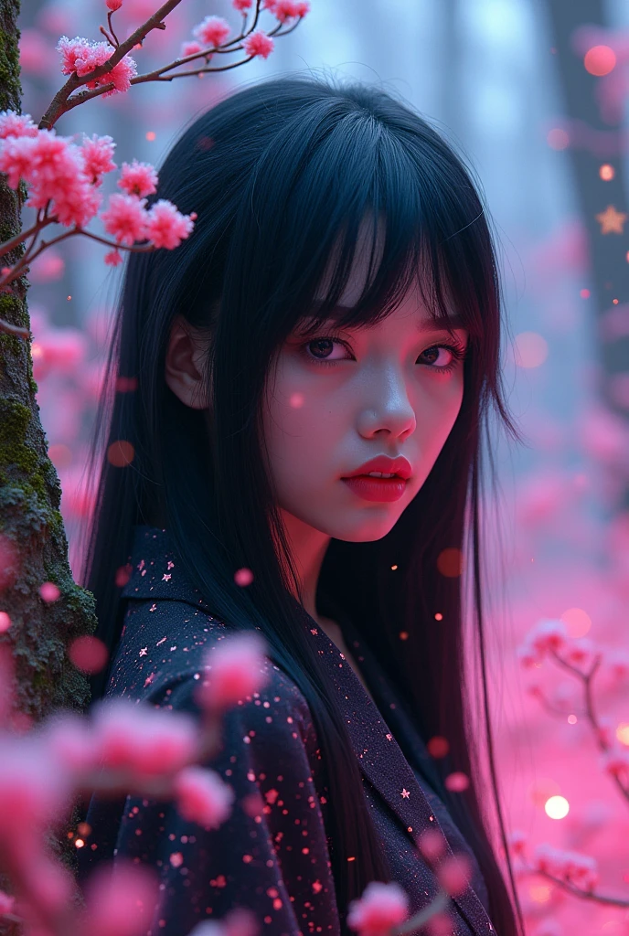 Black devil Japanese beauty、(Fluorescent Color:1.4)、(translucent:1.4)、(Retro filter:1.4)、(fantasy:1.4)、Candy world Disneyland Fantasy fluffy soft scenery forest snow avatar Pastel pink sky green blue glow Dreamy light Pastel soft glow Rainbow stars Diamond glitter Gemstone background Ultra realistic ultra high quality movie lighting Huge details Full HD Full light、