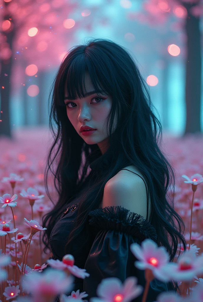 Black devil Japanese beauty、(Fluorescent Color:1.4)、(translucent:1.4)、(Retro filter:1.4)、(fantasy:1.4)、Candy world Disneyland Fantasy fluffy soft scenery forest snow avatar Pastel pink sky green blue glow Dreamy light Pastel soft glow Rainbow stars Diamond glitter Gemstone background Ultra realistic ultra high quality movie lighting Huge details Full HD Full light、
