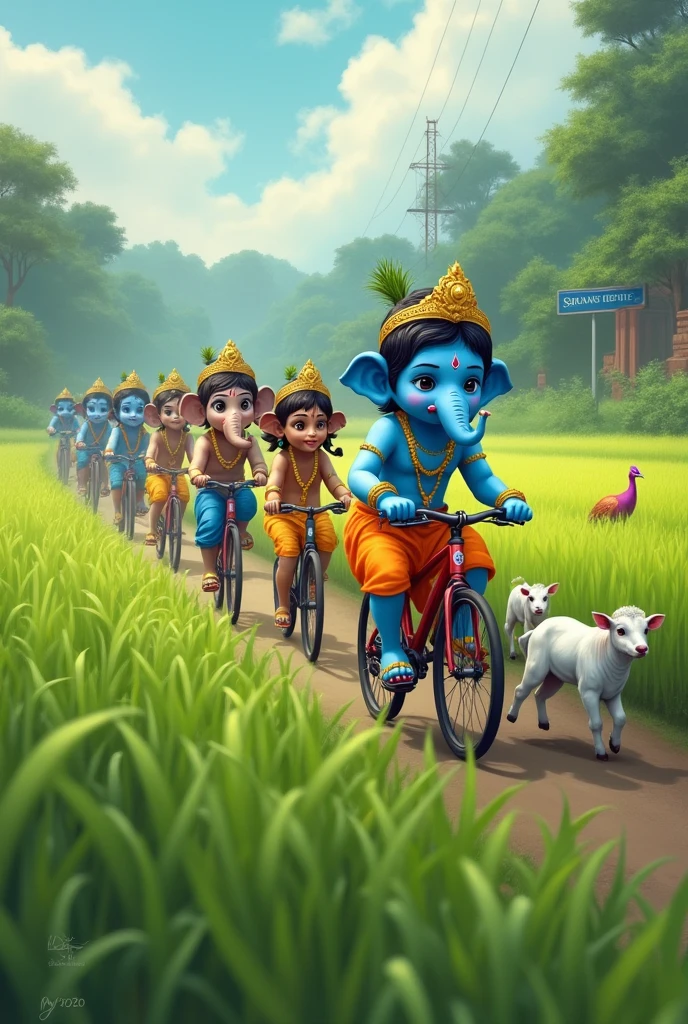Little cute blue krishna and little lord ganapati is riding with cycles in a middle of a green rice field. There is more little blue krishnas and little radhas following them. Village name KULATHOOR DEVI TEMPLE is wrote on the road sign board . There is some peacocks and  cows are in the background. 