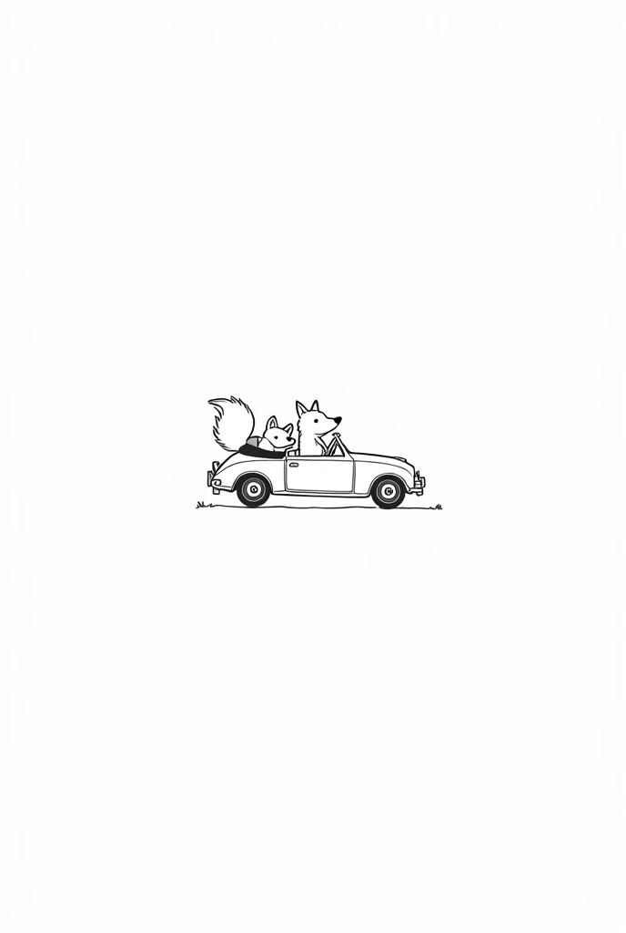 Male child fox sits in the back of the car and dad fox drives the car and mom fox sits next to it. Are on the journey, complete car seen from the side, without background. Coloring page black and white
